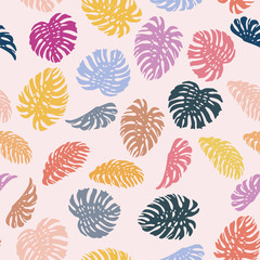 Vivid color monstera seamless pattern pink background