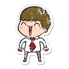 distressed sticker of a cartoon happy man