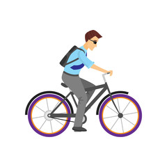 Fototapeta premium Man in sunglasses and backpacks riding bicycle isolated on white background