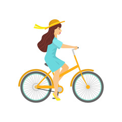 Young woman in hat on yellow bicycle isolated on white