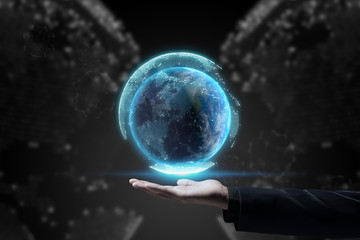 Global connection concept with digital planet in hands, network connection, international meaning, Networking technologies and social interaction.