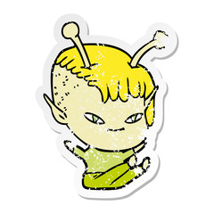 distressed sticker of a cute cartoon alien girl