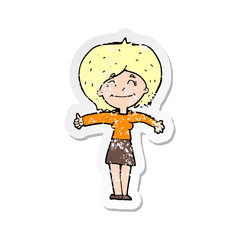 retro distressed sticker of a cartoon woman giving thumbs up sign