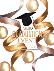 Graduation party 2019 invitation card with gold ribbons and air balloons. Vector illustration