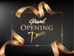 Grand opening invitation banner with levitating rold rivvoons and frame. Vector illustration
