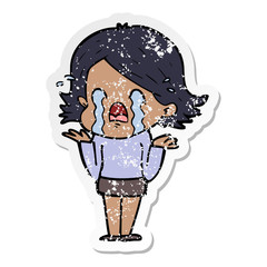 distressed sticker of a cartoon woman crying
