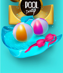 Pool party poster with inflatable toys, water slide  and water splash.  Vector illustration