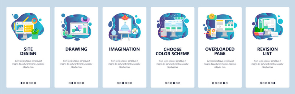 Mobile app onboarding screens. Art, design and creative imagination. Painting. wireframe, news feed. Menu vector banner template for website and mobile development. Web site design flat illustration.
