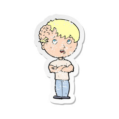 retro distressed sticker of a cartoon boy with growth on head