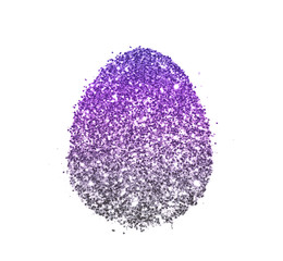 Easter egg made with purple glitter on white background, holiday decoration