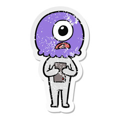 distressed sticker of a cartoon cyclops alien spaceman