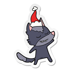 friendly sticker cartoon of a wolf wearing santa hat