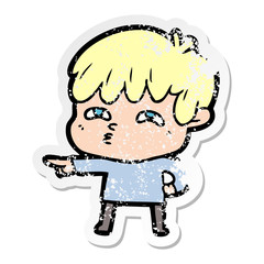 distressed sticker of a cartoon curious man