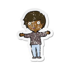 retro distressed sticker of a cartoon worried boy