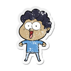 distressed sticker of a cartoon happy man