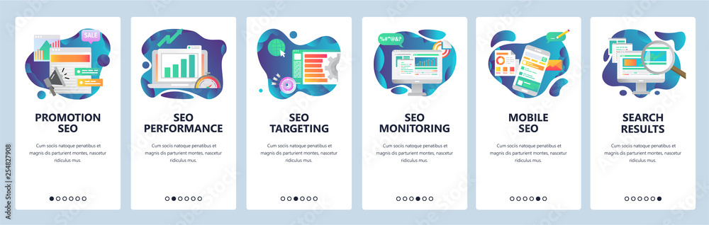 Aufkleber mobile app onboarding screens. seo optimization and digital internet marketing. menu vector banner t