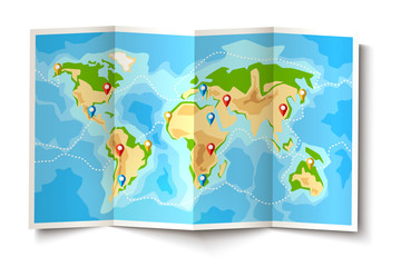 Vector folded world map destination pointer pins