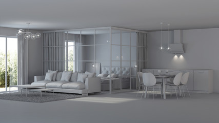 Modern house interior. Bedroom with glass partitions. Gray interior.    3D rendering.