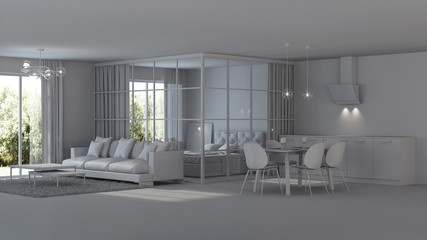 Modern house interior. Bedroom with glass partitions. Gray interior.    3D rendering.