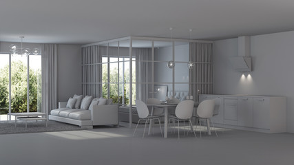 Modern house interior. Bedroom with glass partitions. Gray interior.    3D rendering.