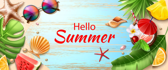 Vector hello summer poster tropical fruits leaves © belokrylowa
