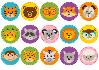 set of isolated cute animal heads in circle - vector illustration, eps
