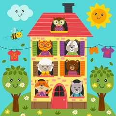 cute animals in the house - vector illustration, eps