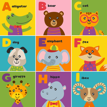 alphabet card with cute animals A to I - vector illustration, eps