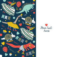 Beautiful happy birthday greeting card with dinosaur.