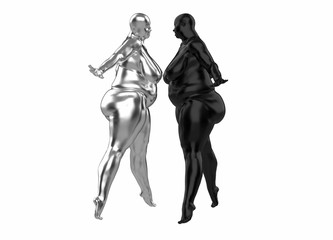 Two plump naked girls made of silver and plastic. They stands spreading legs and arms in different directions. 3d illustration Concept. Example of obesity and healthy lifestyle issues. side view