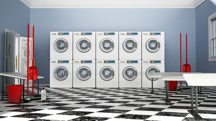 Laundry room with a large of washing machines and tumble dryers. 3D illustration