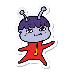 sticker of a friendly cartoon spaceman dancing