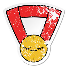 distressed sticker of a cute cartoon gold medal