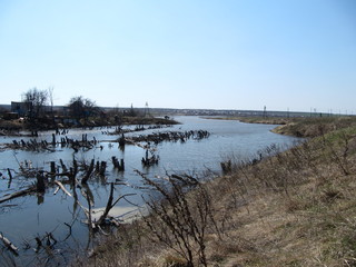 View of the flooded village due to the flood of the river.