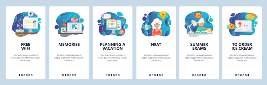 Mobile app onboarding screens. Summer vacation on a beach, office worker dreaming about vacation. Menu vector banner template for website and mobile development. Web site design flat illustration