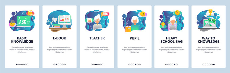 Mobile app onboarding screens. School teacher and pupils, knowledge and education. Menu vector banner template for website and mobile development. Web site design flat illustration