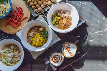 Thai noodle, Thai style noodle soup, Set of dishes on the table
