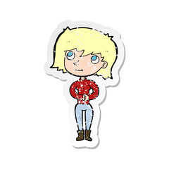retro distressed sticker of a cartoon friendly woman