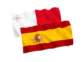 National fabric flags of Malta and Spain isolated on white background. 3d rendering illustration. Proportion 1:2