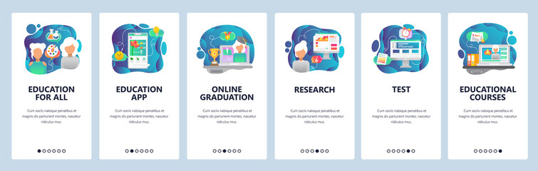 Mobile app onboarding screens. Online education, graduation and courses. Menu vector banner template for website and mobile development. Web site design flat illustration