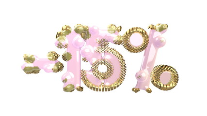 The sign -15off. Made of trendy pink material with precious golden parts isolate on white background. 3d illustration