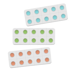 Medical pill blister perforated package with individual detachable cells isolated on white background. Ten round color medicine tablets per pack, vector template