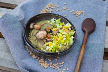 Mushroom puree, fried mushrooms and green cabbage and celery salad in handmade ceramic bowl.