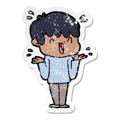 distressed sticker of a cartoon laughing boy