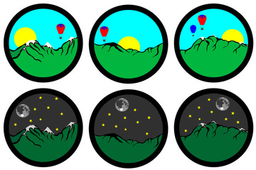Set of three mountains day and night, aerostat