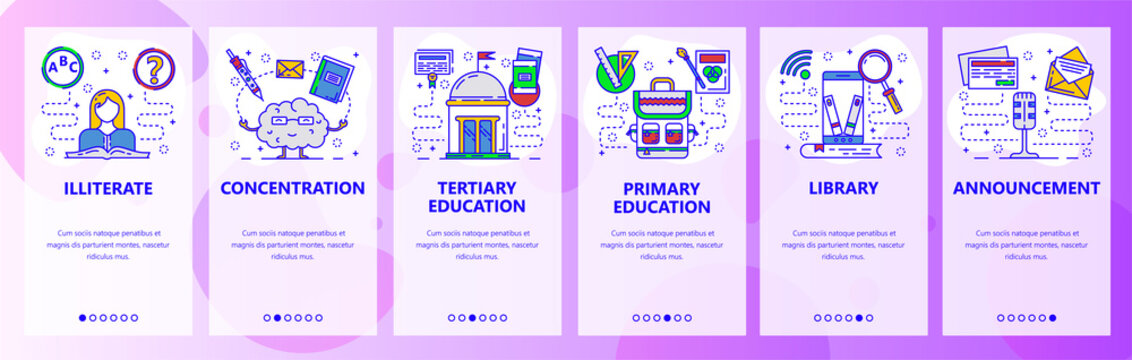Mobile app onboarding screens. Education system, digital library in phone, illiterate. Menu vector banner template for website and mobile development. Web site design flat illustration