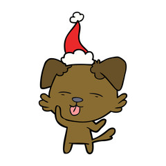 line drawing of a dog sticking out tongue wearing santa hat
