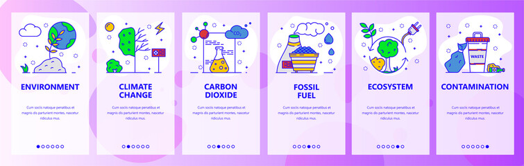 Mobile app onboarding screens. Environment problems, global warming, climate change, ecology. Menu vector banner template for website and mobile development. Web site design flat illustration