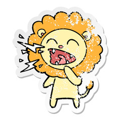 distressed sticker of a cartoon roaring lion