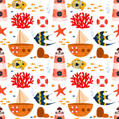 Underwater life seamless pattern. Pattern with cute fish and corals. Use for postcard, print, packaging, wallpapers etc. - 254832172
